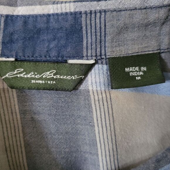 Eddie Bauer Women's Blue Plaid Cotton Rayon Button-Down Elbow-length Sleeve - Picture 2 of 13